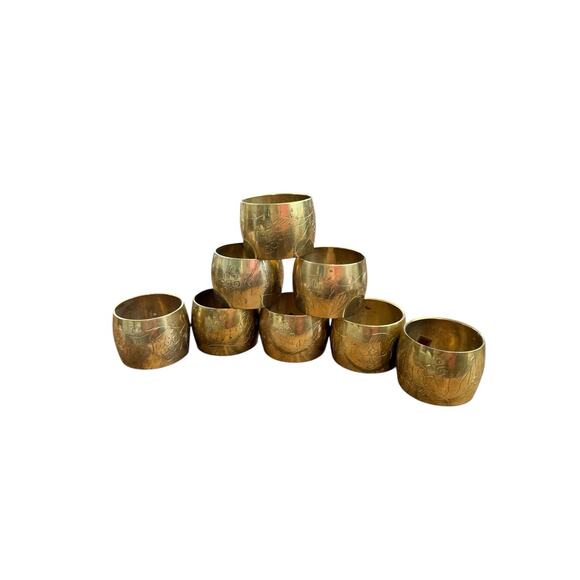 Vintage Etched Brass Napkin Rings Gold Floral Band Set of 8 India - Picture 1 of 8